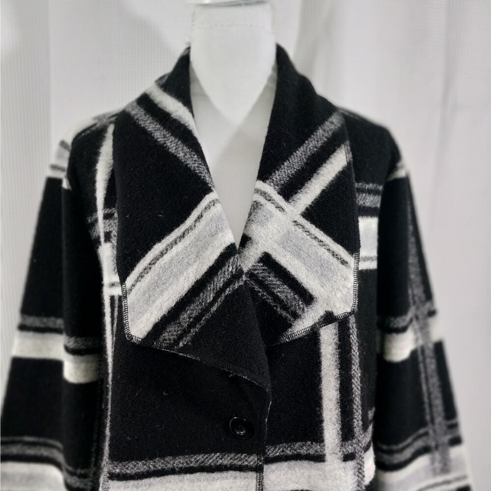 CHICO'S! BLACK & WHITE PLAID FINE WOOL BLEND DECONSTRUCTED JACKET! SZ L - Picture 5 of 12